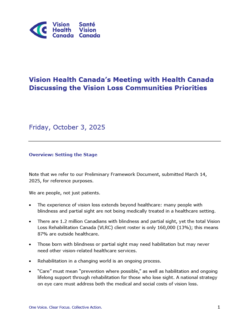 Cover of Health Canada Meeting Priority Discussion Points document featuring Vision Health Canada branding and document introductory text on a white background.