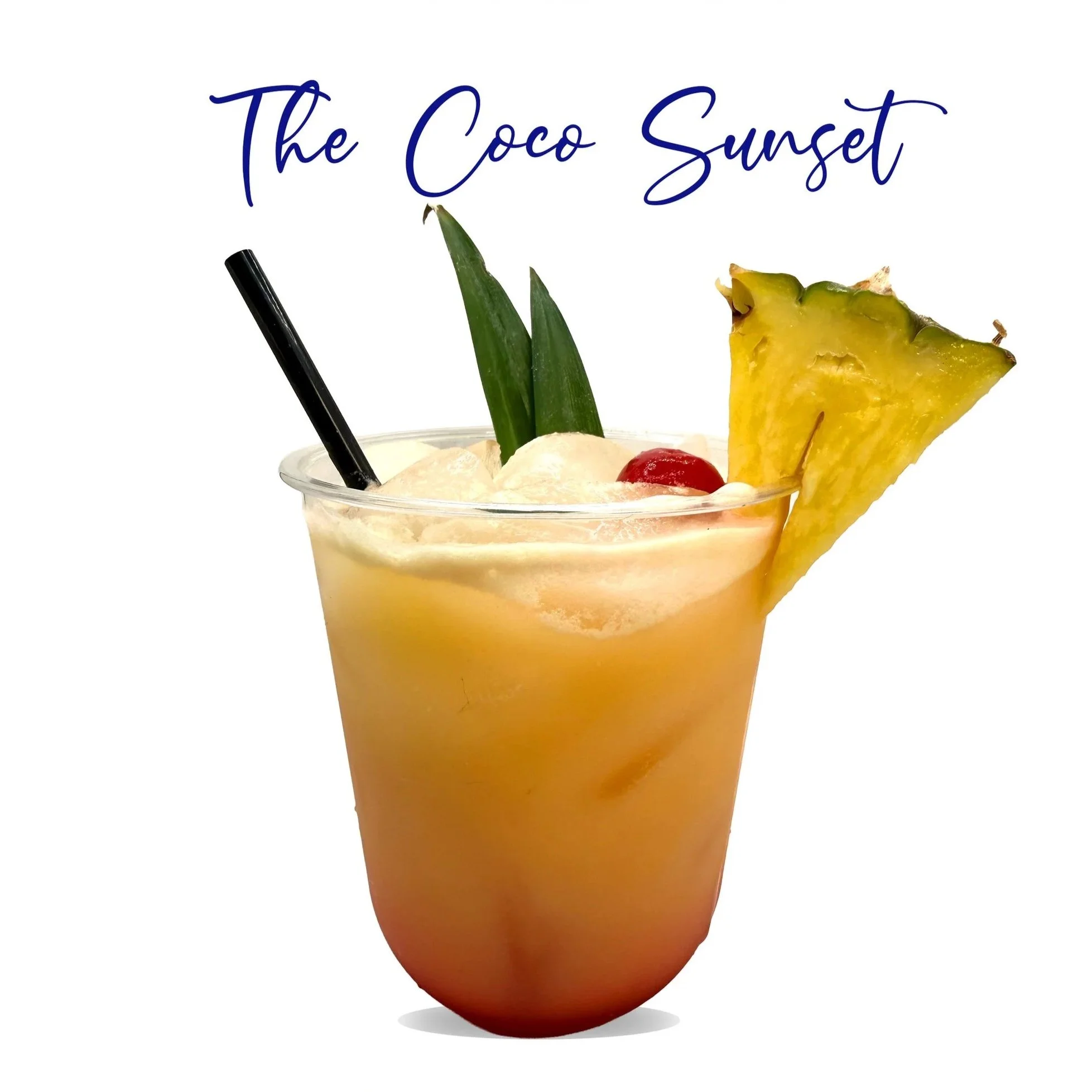 The Coco Sunset is a twist on the Pina Colada. Made with rum, pineapple juice, orange juice, coconut cream, and grenadine. 