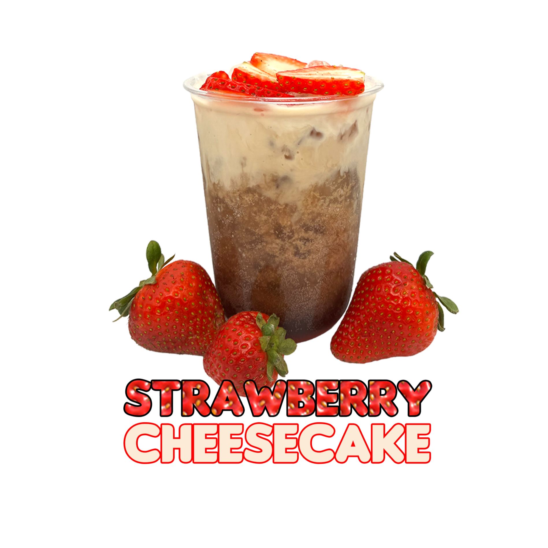 Dr Pepper, Strawberry Syrup, Cheesecake Syrup, Creamer, Topped with Strawberries
