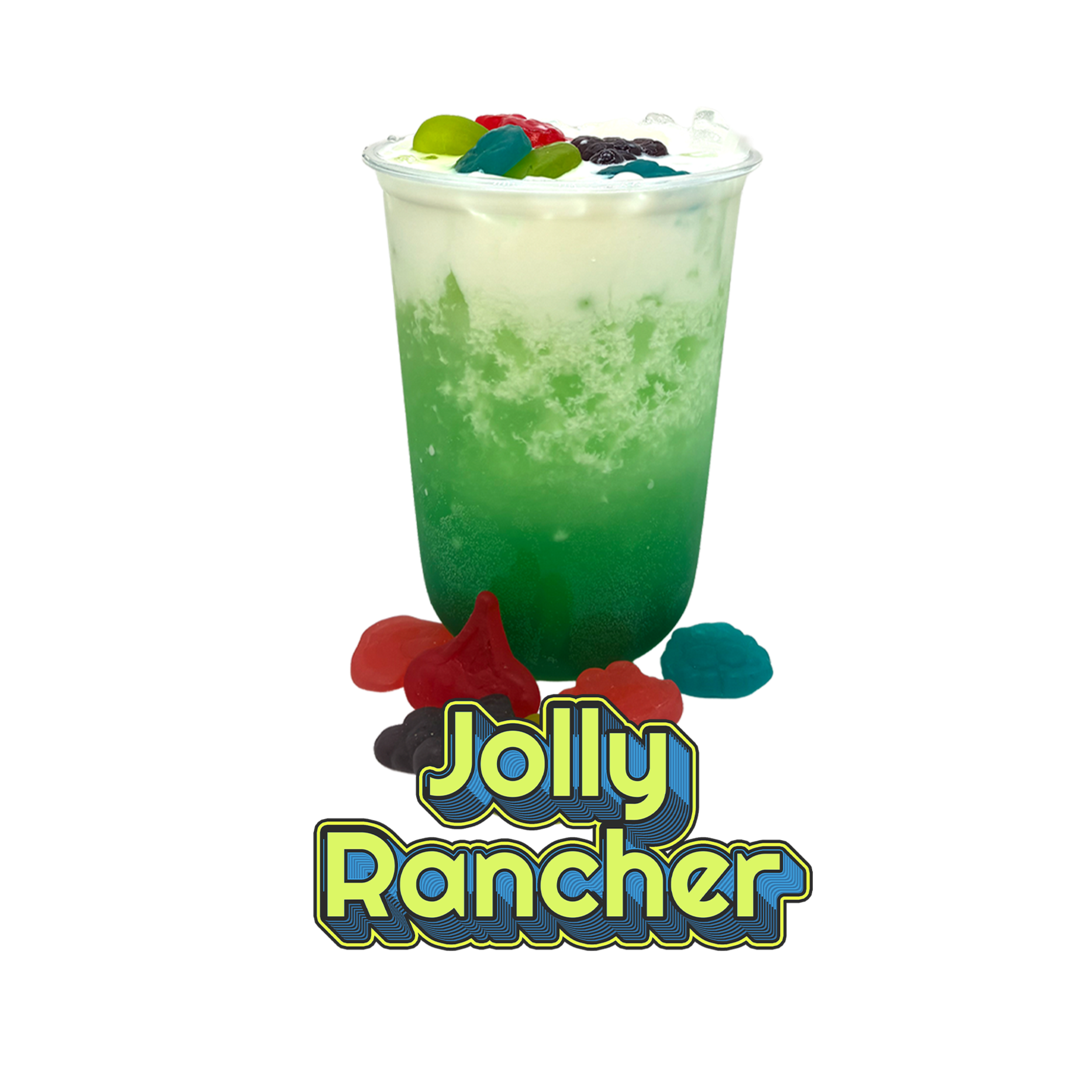 Mountain Dew, Green Apple Syrup, Blue Raspberry Syrup, Creamer, Topped with Jolly Rancher Gummies