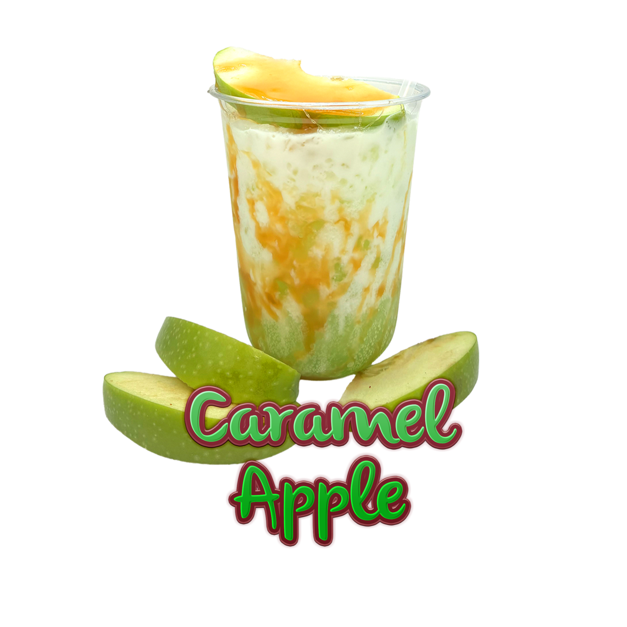 Sprite, Green Apple Syrup, Caramel Syrup, Topped with Apple Slice and Caramel Sauce