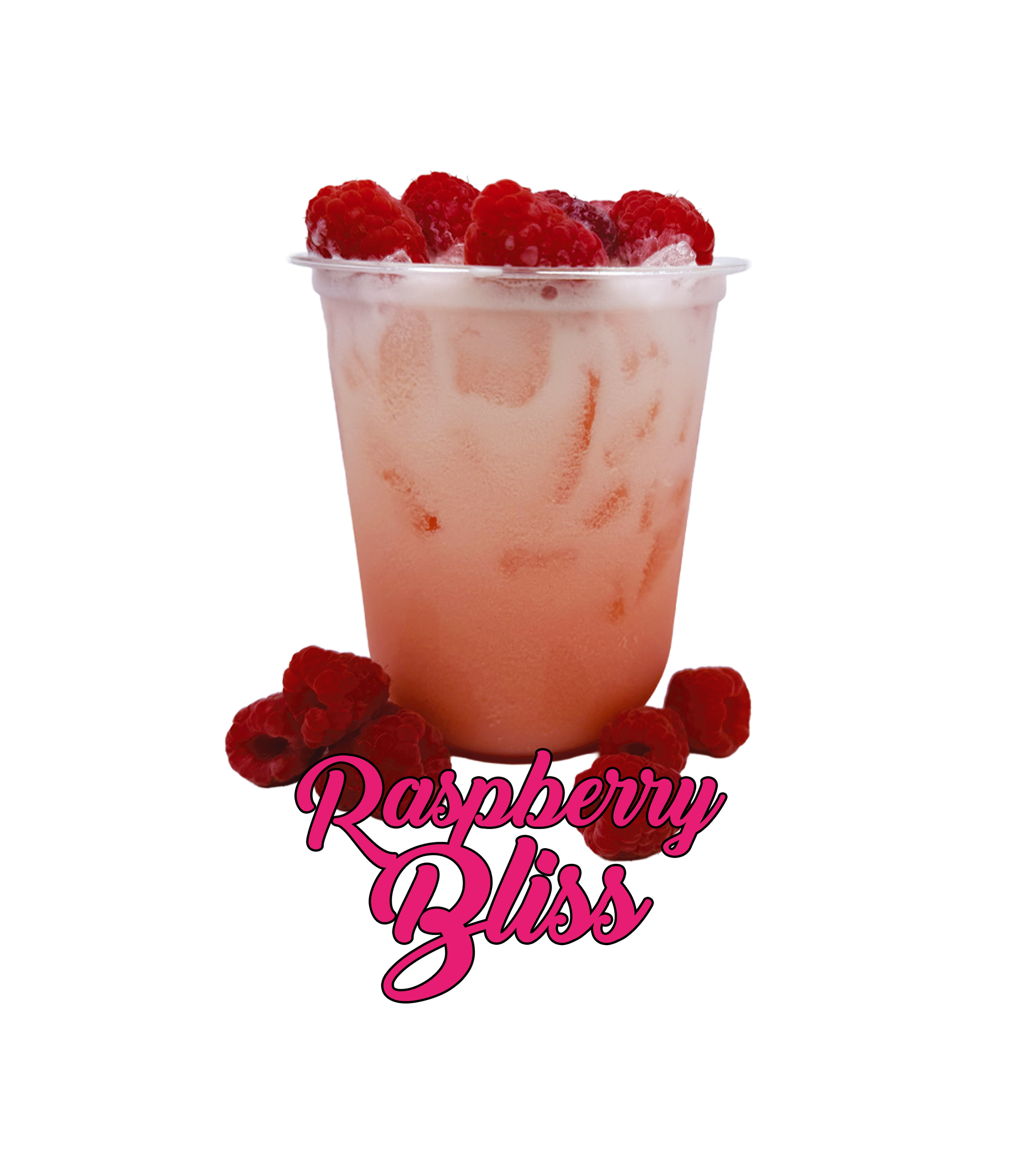 The Raspberry Bliss is made with raspberry syrup, Sprite, creamer and topped with fresh raspberries.