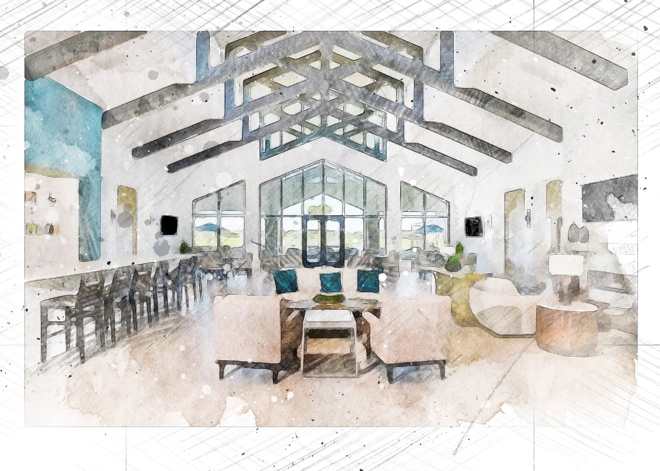 A scenic landscape of a lake surrounded by rolling green hills and towering mountains in the distance under a cloudy sky.