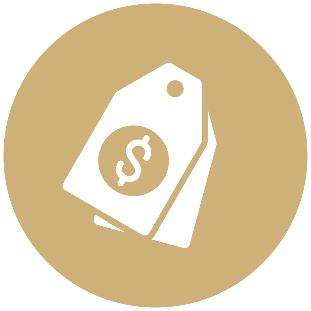 Icon of a white price tag with a dollar sign on it, set against a gold circular background.
