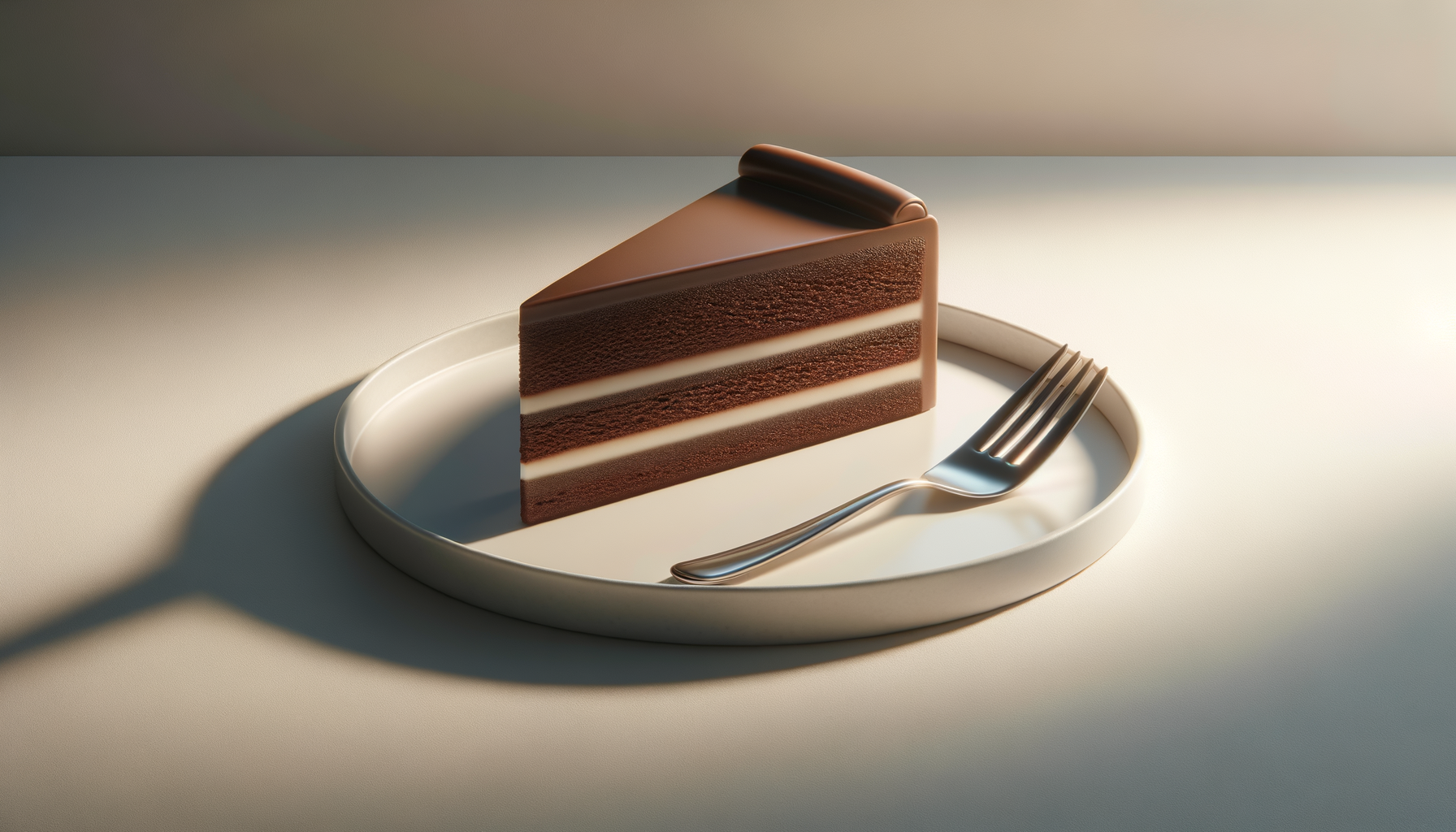 A slice of chocolate cake with layers of cream on a white plate, with a fork beside it, set on a light-colored surface with soft lighting.