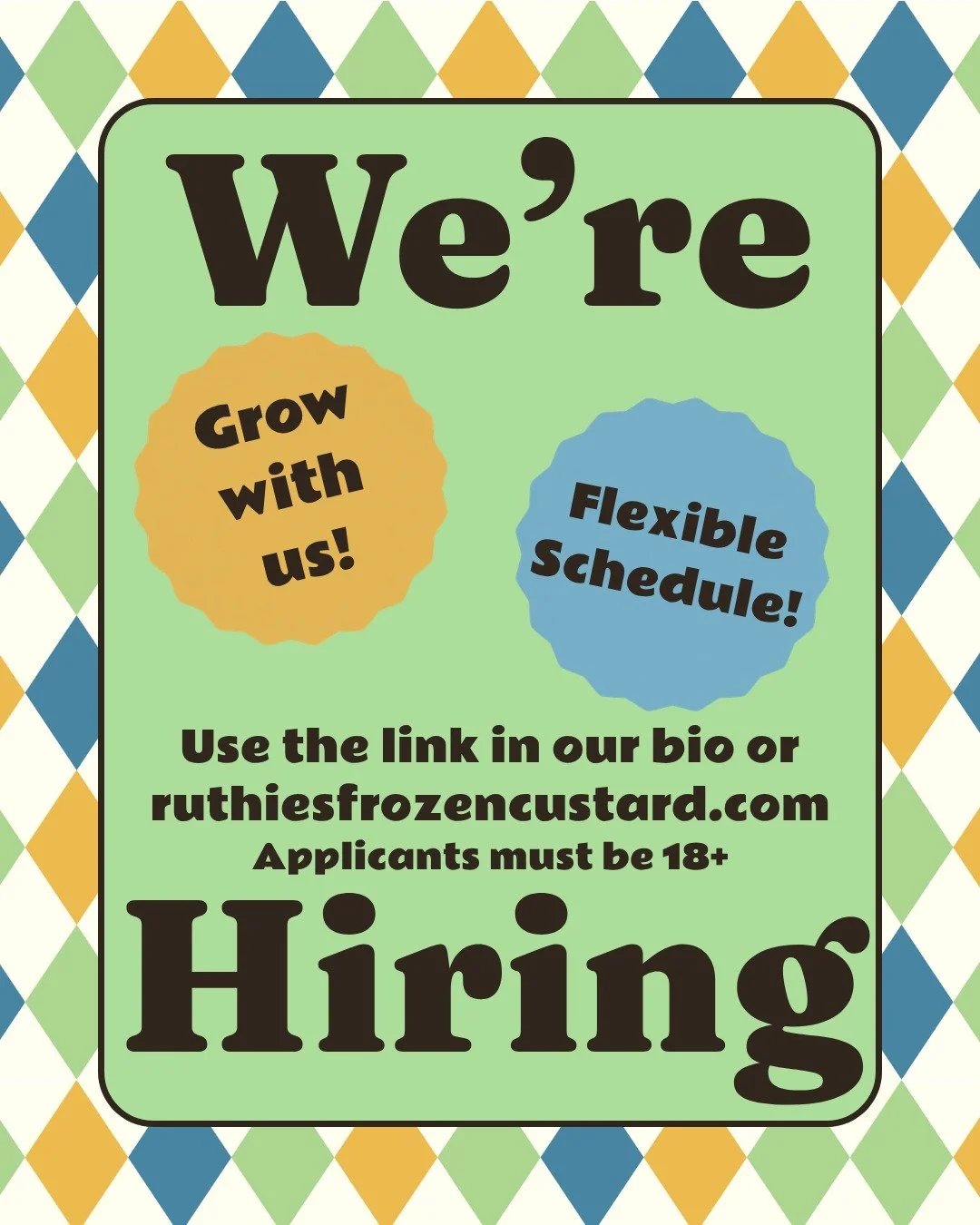 Guess what, folks! It looks to be about that time! 

We're looking for the people who will bring Ruthie's Frozen Custard to life. 

If you're friendly, detail-oriented, and ready to help us build something special, we'd love to talk to you!! All expe