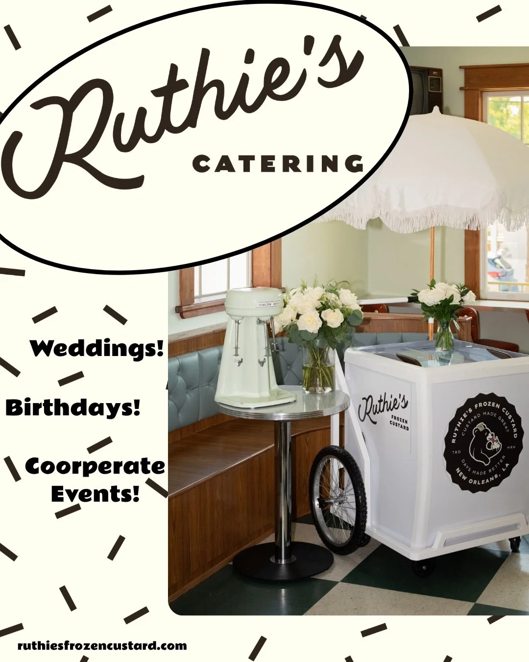 Introducing Ruthie's Catering!

Want to Celebrate with Ruthie's? 
Put our Custard Cart on your invite list! 
We are excited to offer Ruthie's Custard Cart for catering experiences in the Greater New Orleans Area. 

We have multiple packages to accomm