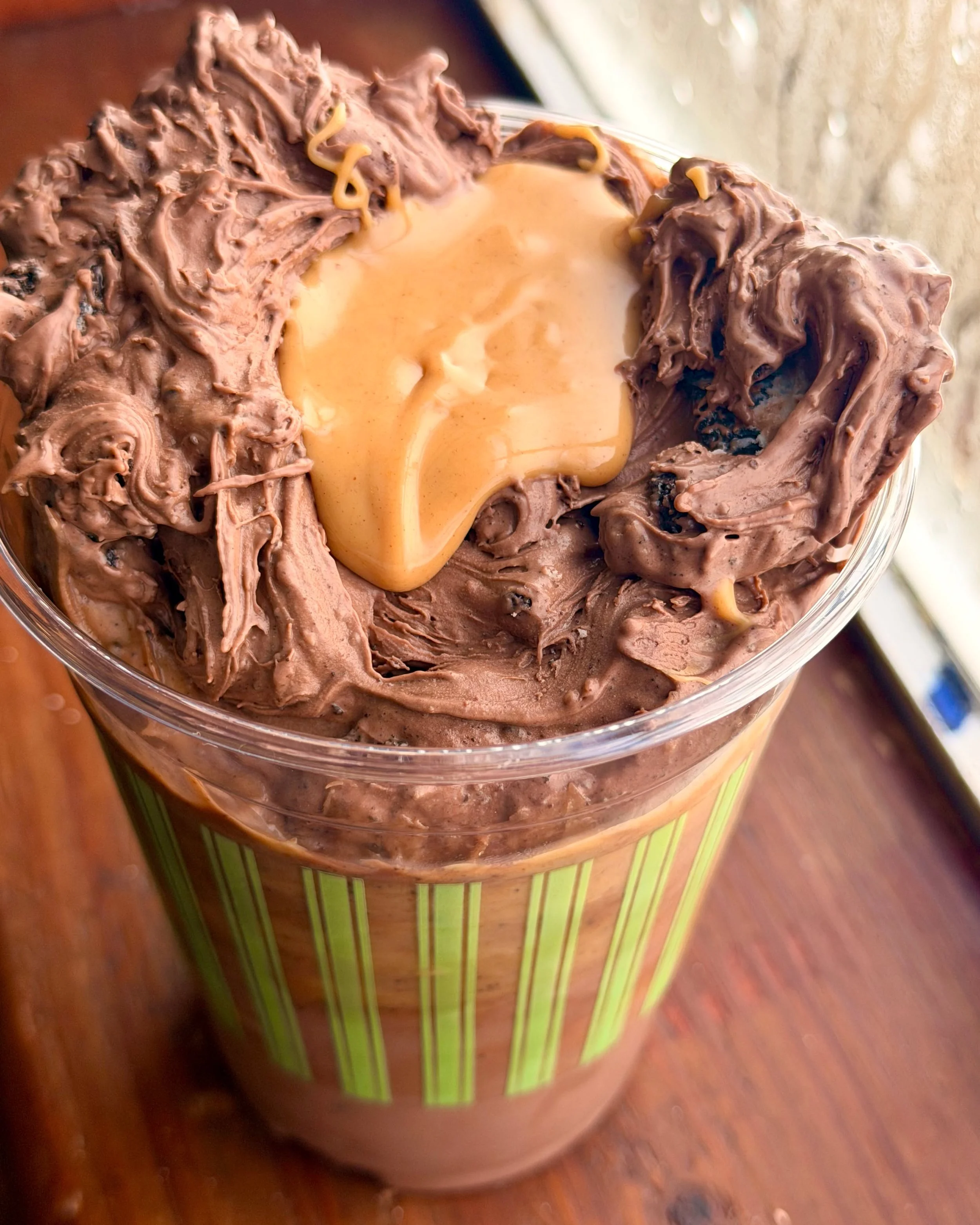 Storms Gone! 
We have Dark Chocolate Chunk today!! 
The darkest chocolate custard we've ever made, with chocolate chips. 
It doesn't need much, but this spinner with Oreo and Reese's Peanut Butter on top gives it just what you want!! 

Come in and gi