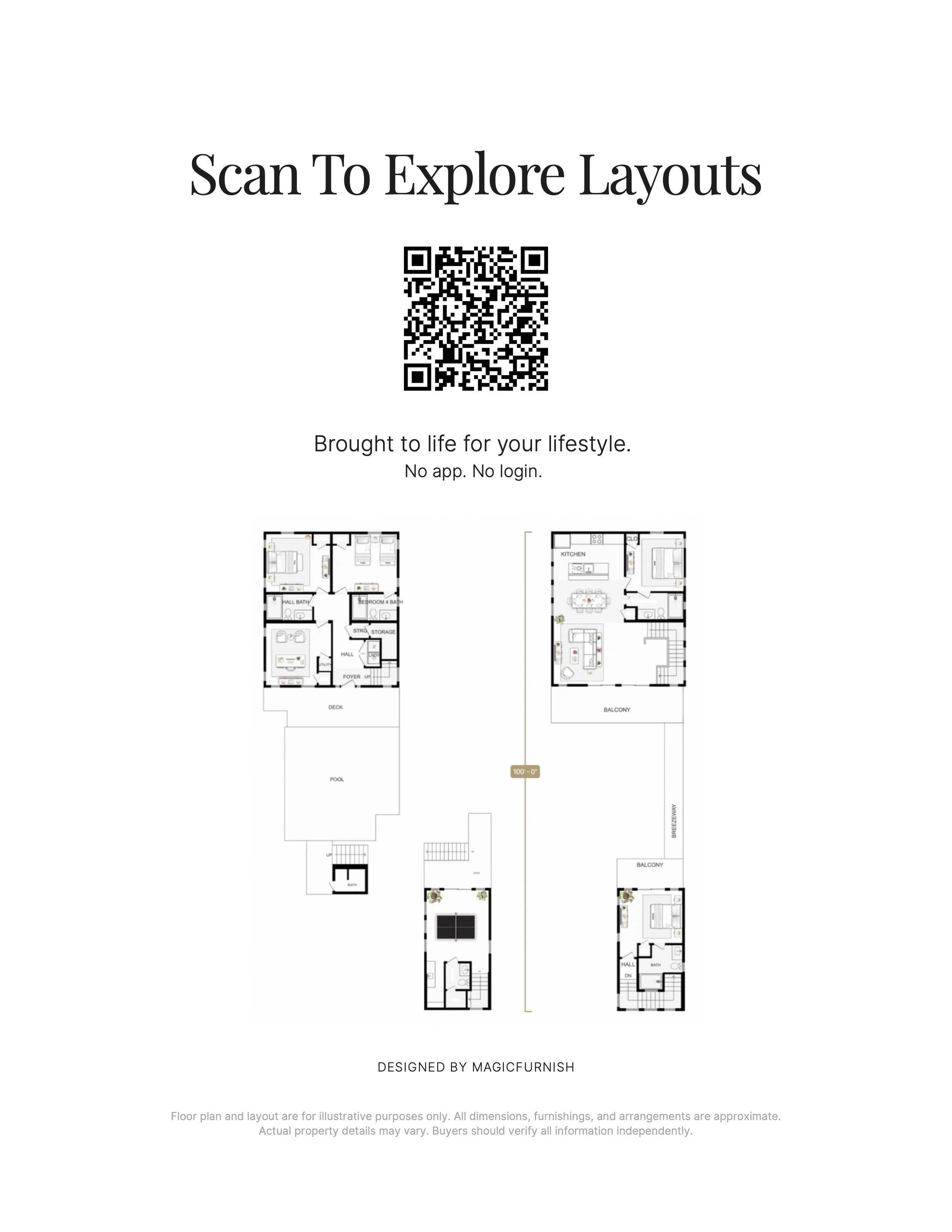 A floor plan layout including various rooms, balconies, a pool, and a tennis court. The layout is divided into two sections, with a central measurement of 100 feet between them. There is a QR code at the top center with the text 'Scan To Explore Layouts' and a note at the bottom indicating it is designed by Magic Furnish.