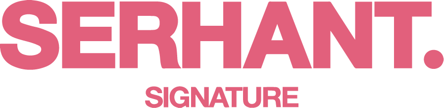 Pink text on a black background reading 'SERHANT. SIGNATURE'.