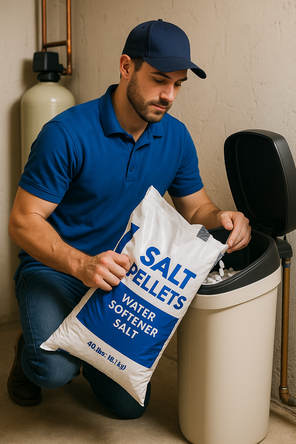 A man kneeling next to a washing machine, holding a bag of water softener salt and pouring it into the washer.