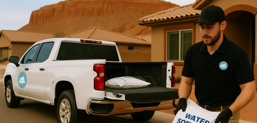 A man in a black uniform and cap loading a bag into the open tailgate of a white pickup truck with 'Salt & Water' logo, in front of a house with desert landscape and red rock formations.