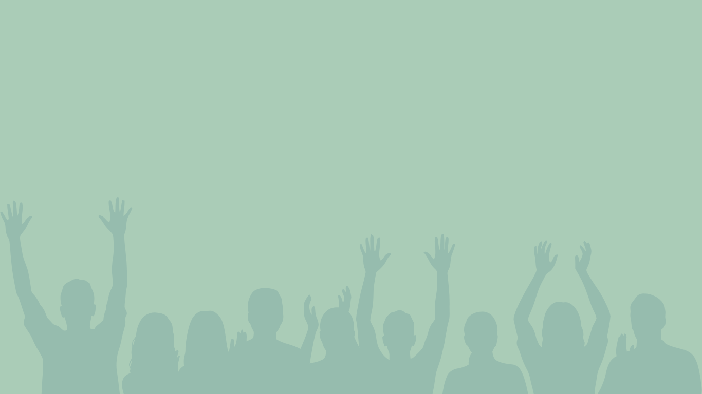 Silhouettes of people with their hands raised in the air on a green background.