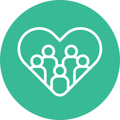 White outline of six people inside a heart shape on a green circular background.