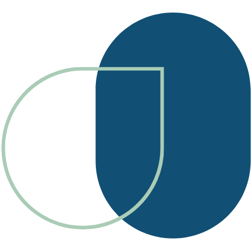 Abstract geometric design with overlapping teal and dark blue oval shapes and a light green outline of smaller ovals.