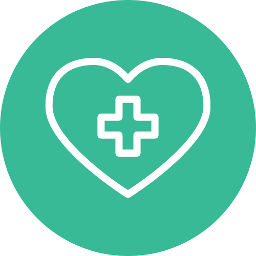Icon of a heart with a medical cross inside on a teal background.