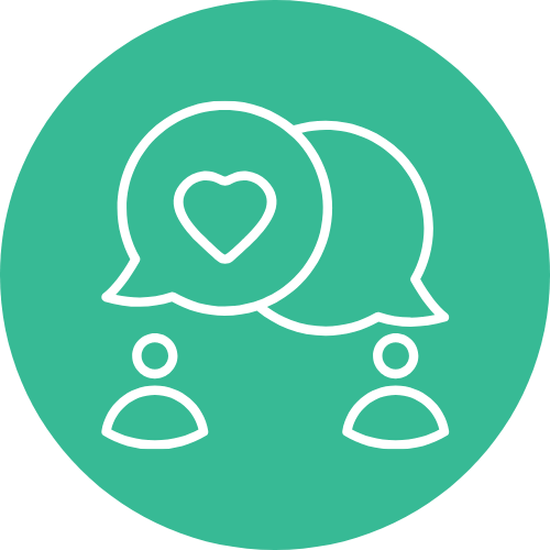 Two speech bubbles, one with a heart inside, above two people icons, on a teal circular background.