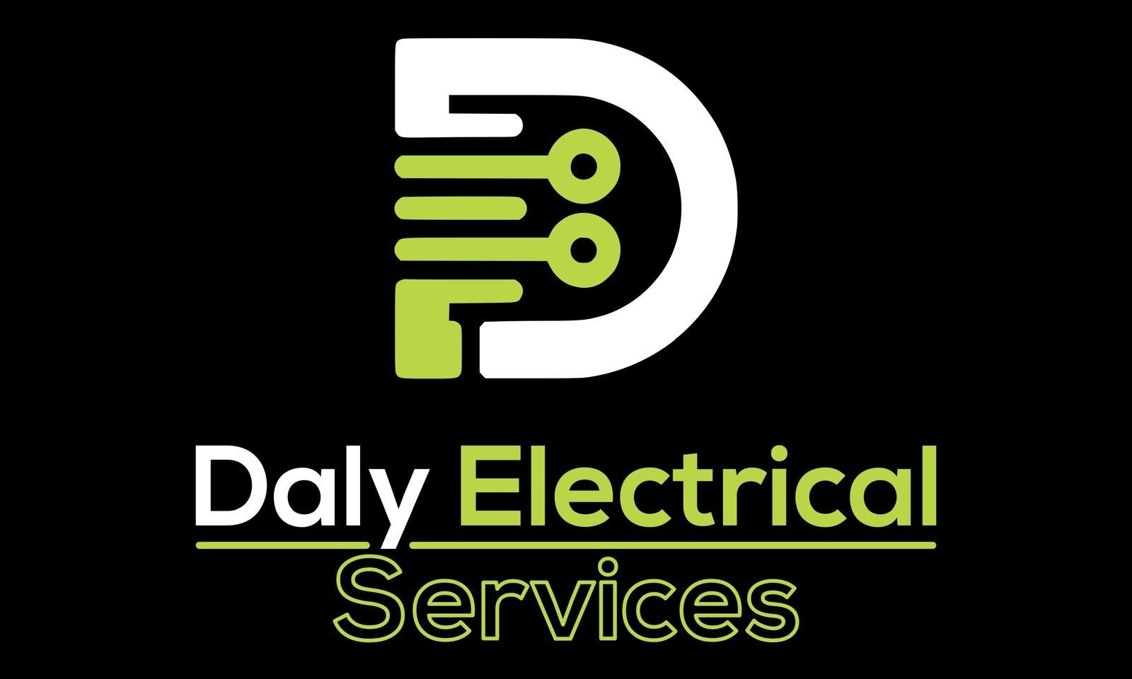 Logo for Daly Electrical Services featuring a stylized electrical plug and circuit lines in green and white on a black background.