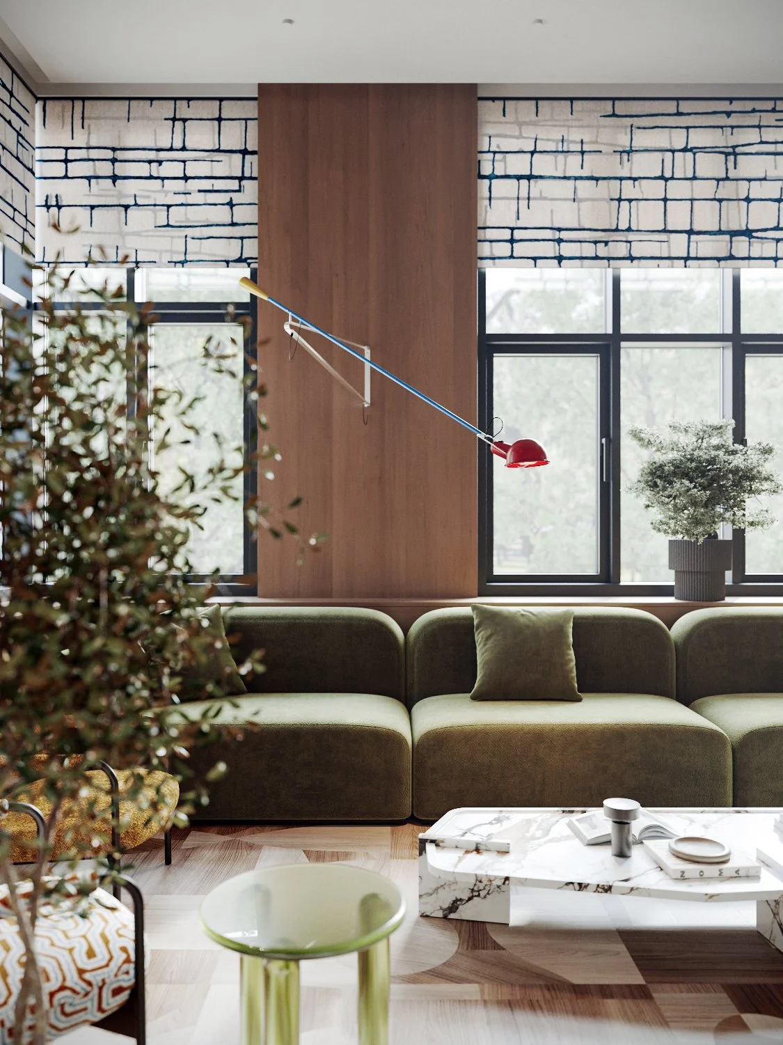 Modern living room with a green sofa, marble coffee table, and large window with a potted plant. A red lamp is suspended from the ceiling.