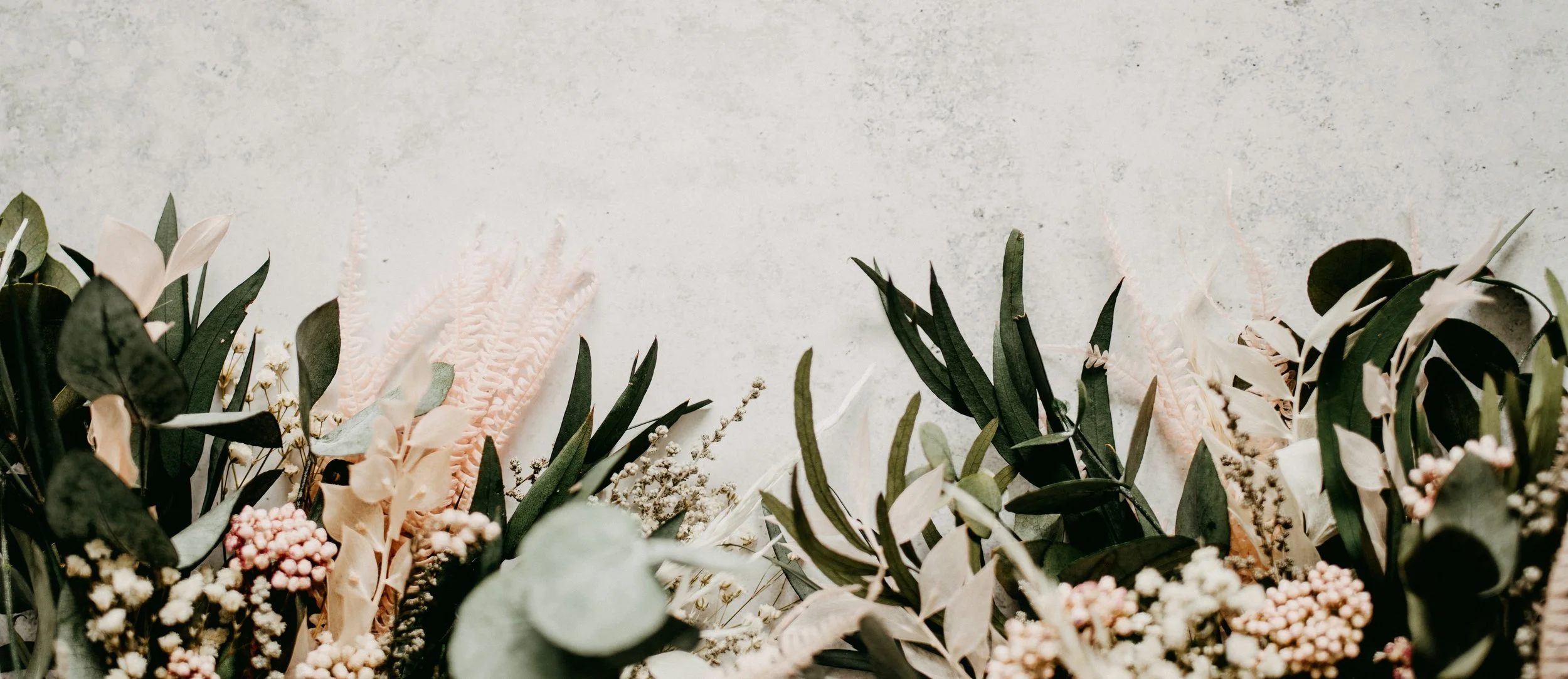 A variety of dried and preserved flowers and greenery, including eucalyptus leaves, white and pink berries, and ferns, arranged against a light textured background.