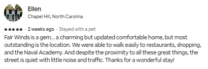 Screenshot of a Yelp review for Fair Winds Inn in Chapel Hill, North Carolina, praising its charm, comfort, and convenient location.