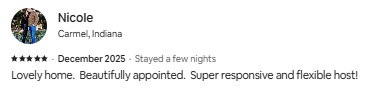 Review for Nicole from Carmel, Indiana, praising her as a responsive and flexible host.
