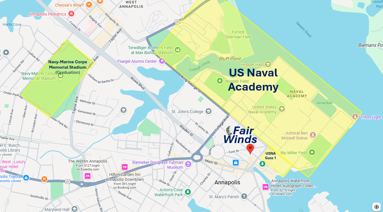 Map of Annapolis, Maryland highlighting Naval Academy, USNA, Fair Winds, and Navy-Marines Memorial Stadium.