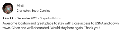 Text review from a user named Matt about a location, mentioning Charleston, South Carolina, establishment USNA, and a positive experience.