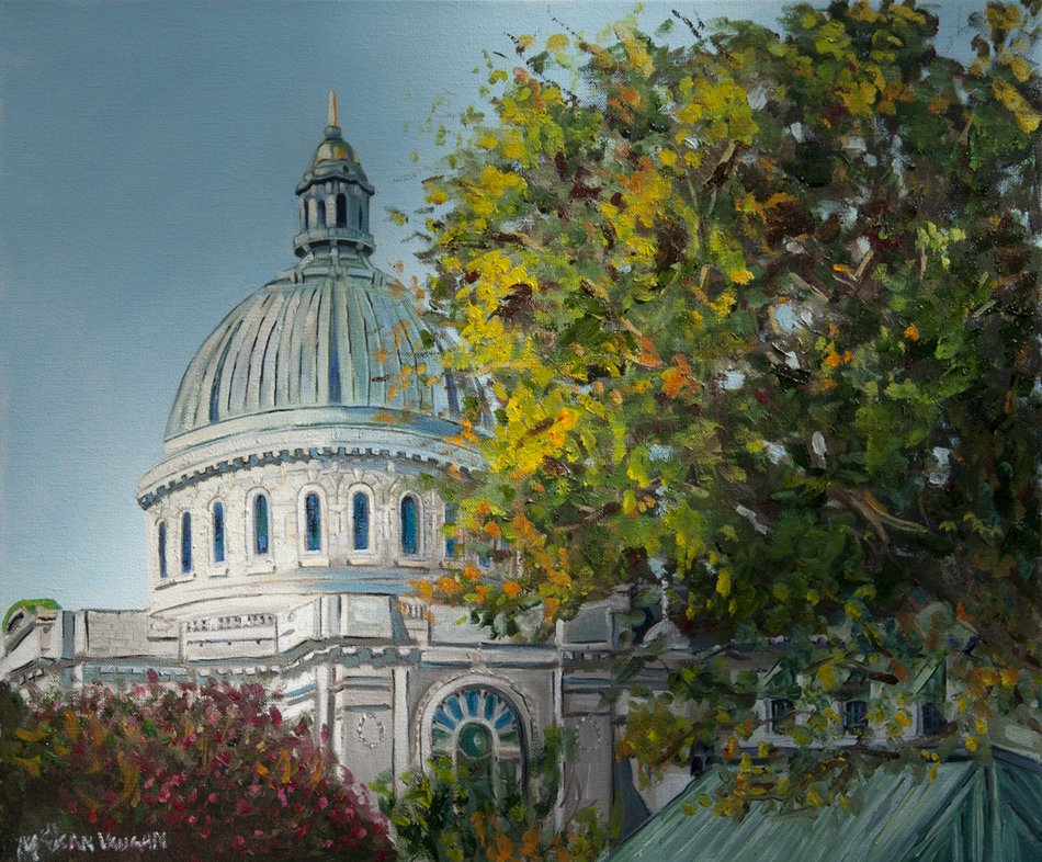 A painting of a historic building with a large dome, surrounded by green and autumn-colored trees, under a clear blue sky.