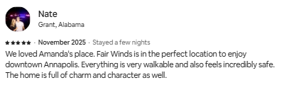 Screenshot of a review by Nate about Amanda's place, mentioning Fair Winds and downtown Annapolis.