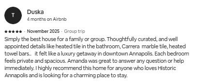 Screenshot of a Airbnb listing for Duska, a family or group home in Annapolis, with a four-star rating and description of amenities.