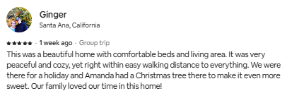 Screenshot of a Google review for a home in Santa Ana, California, praising its comfort, location, and family-friendly atmosphere.