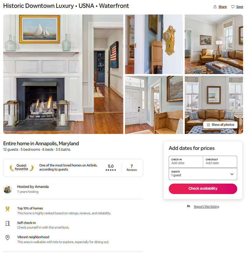 A collage of interior views of a historic, luxury home in Annapolis, Maryland, including a fireplace with a painting above, a hallway with a staircase, a blue room with a gold clock, a living room with brown furniture and windows, and a corner with white trim and artwork.