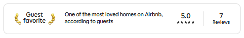 A listing with a guest favorite badge, five-star rating, seven reviews, and a description of one of the most loved homes on Airbnb according to guests.
