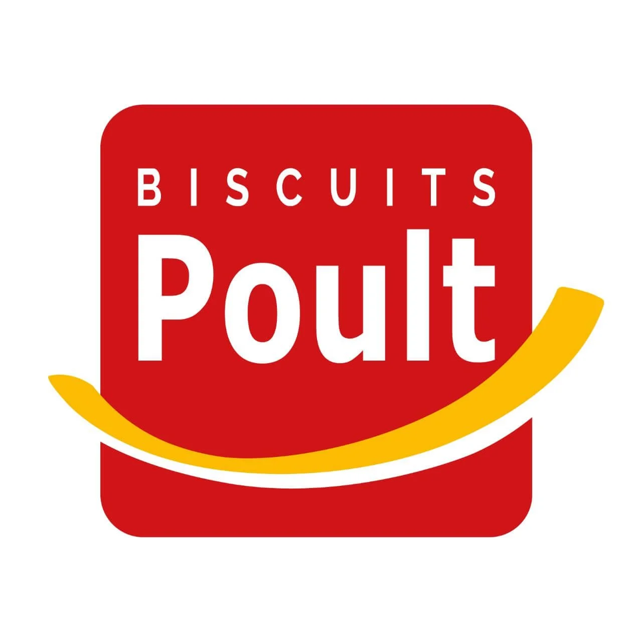 Logo for Biscuits Poultry featuring red background, white text, and a yellow curved line.
