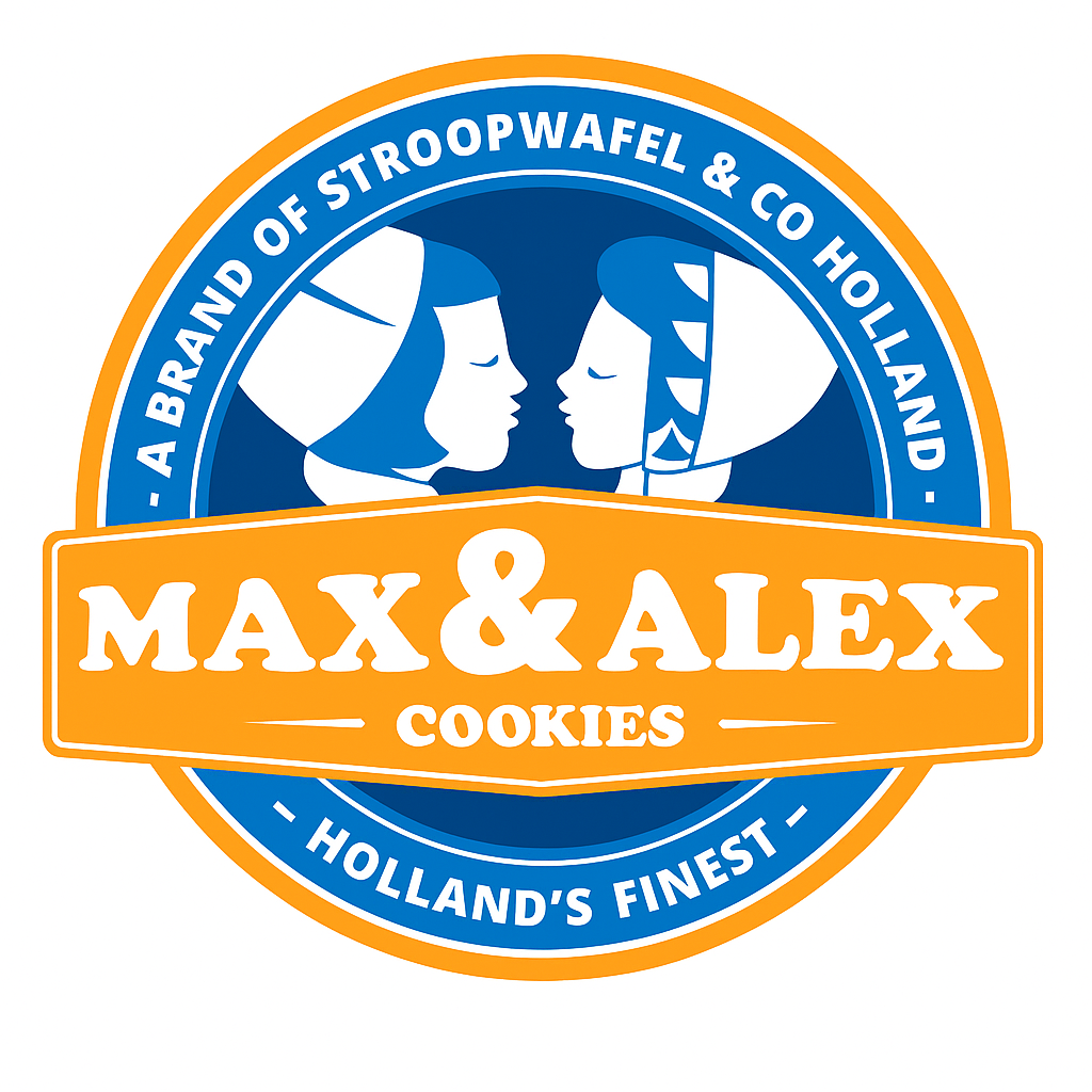 Logo for Max & Alax Cookies featuring two smiling girls with closed eyes, facing each other, surrounded by a circular band with Dutch-themed text, and an orange banner with the brand name.