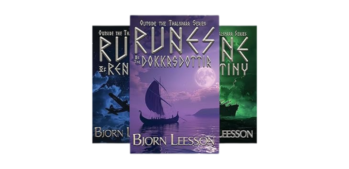 Three book covers from the Out of the Thranspar Series by Bjorn Leeson featuring fantasy themes with ships and moonlit scenes.