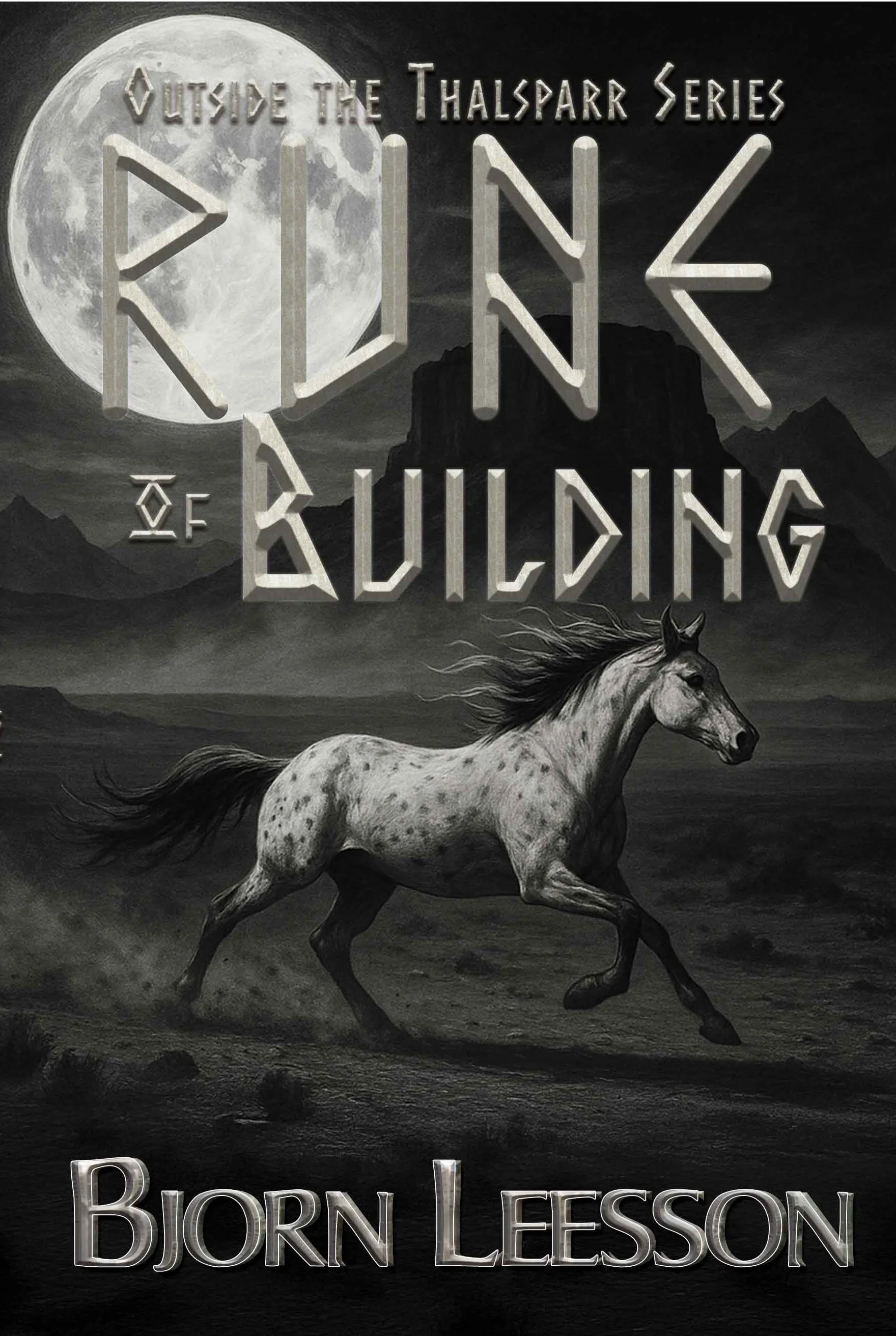 A painting of a white horse running in a dark landscape with mountains and a full moon in the background. Overlaid text reads 'Outside the Thalsparr Series RINK of Biorn Lesson'.
