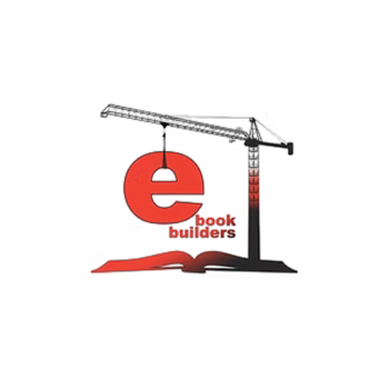 A crane lifting a red letter 'e' with a construction theme, and an open book underneath with the text 'book builders' on it.