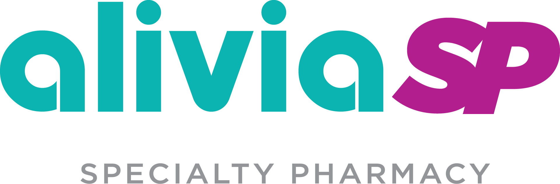 Logo of a specialty pharmacy named Alivia SP, with 'Alivia' in large teal letters and 'SP' in large purple letters, and 'Specialty Pharmacy' written below in gray.