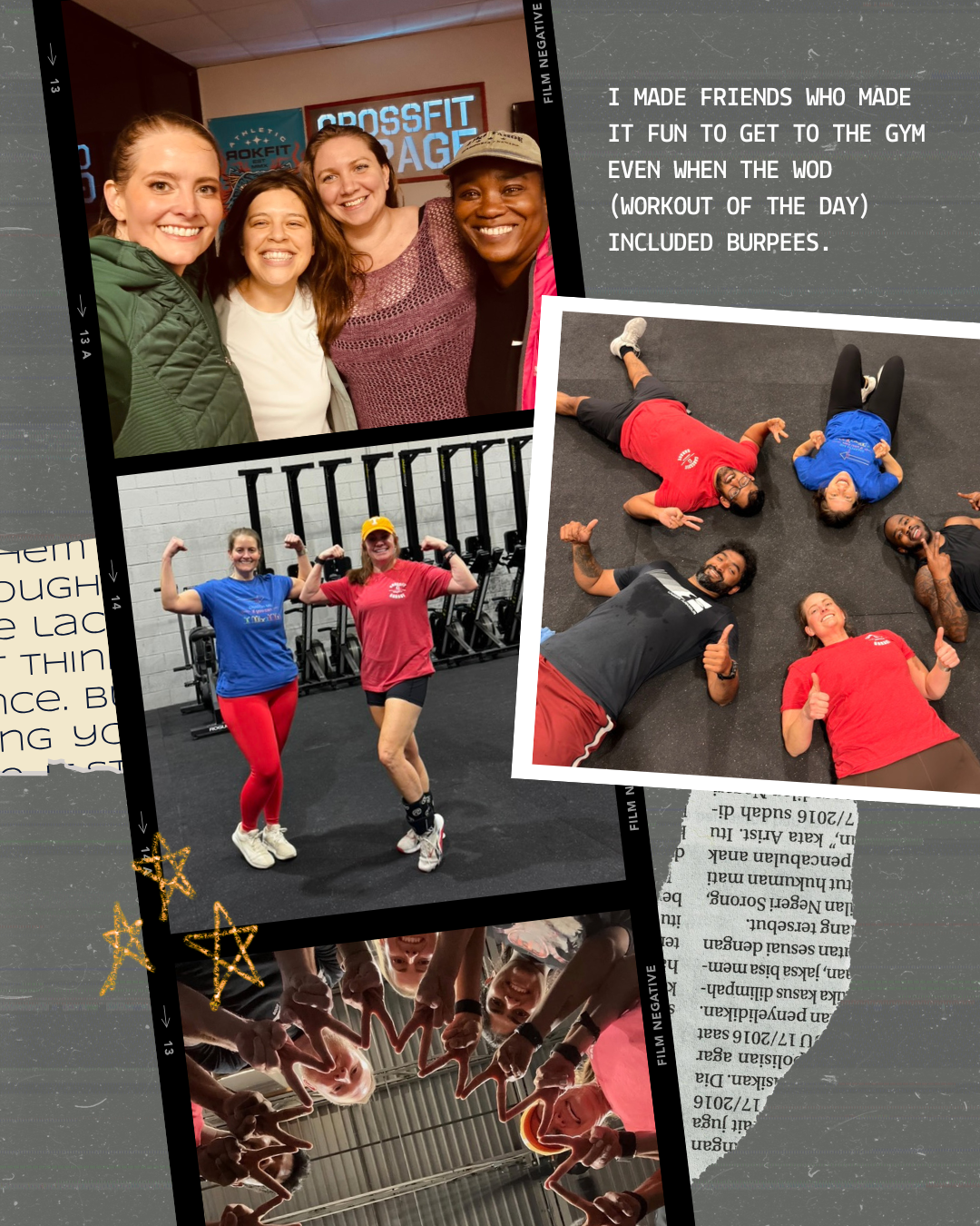 Collage of four photos showing a group of women enjoying a workout at the gym and socializing. The top left photo shows four women smiling together at CrossFit. The bottom left photo displays two women flexing their muscles inside the gym. The right 