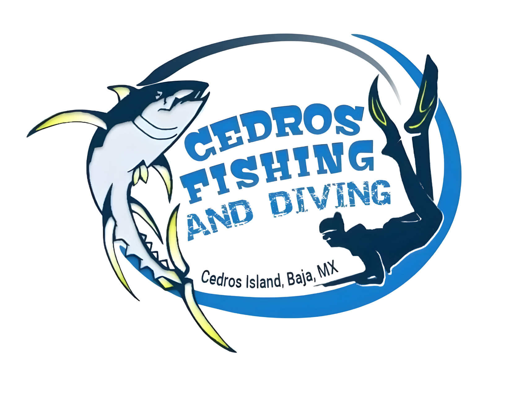 Logo for Cedros Fishing and Dive, featuring a shark and a fish in a circular design, with the text highlighting Cedros Island in Baja, Mexico.