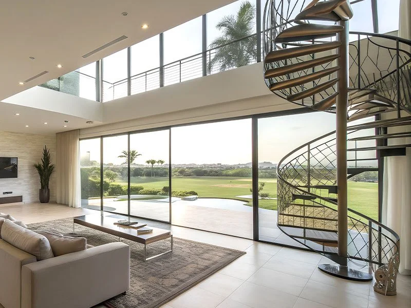 Modern living room with large floor-to-ceiling windows overlooking a golf course, with a spiral staircase on the right.