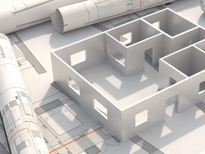 Architectural plans with a 3D model of a house on top, blueprints, and rolled-up drawings.