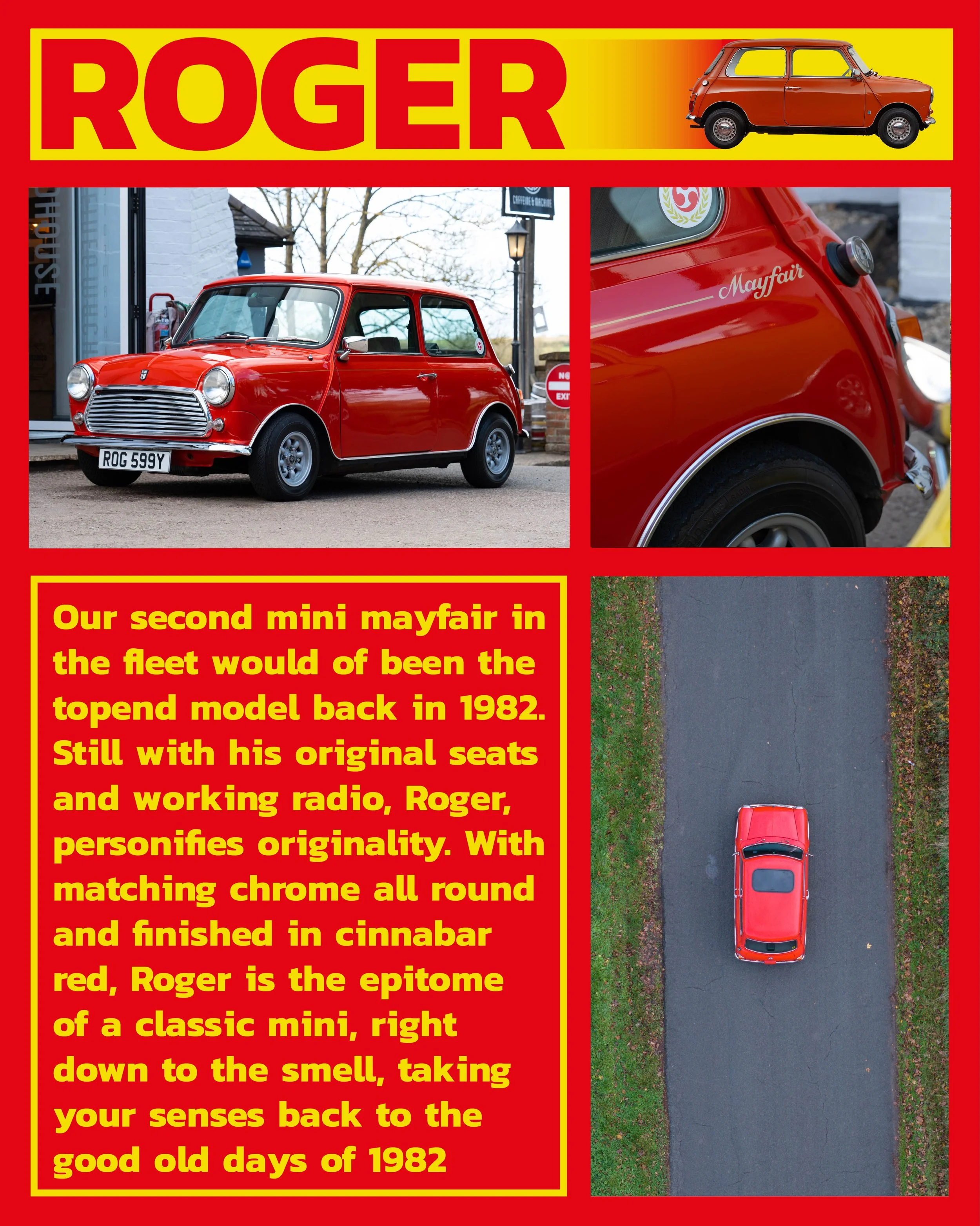 Collage of a vintage red Mini Mayfair car, including a front view, a close-up of the badge, and an aerial shot of the car on a road, with a red background and yellow text about the car's history and features.