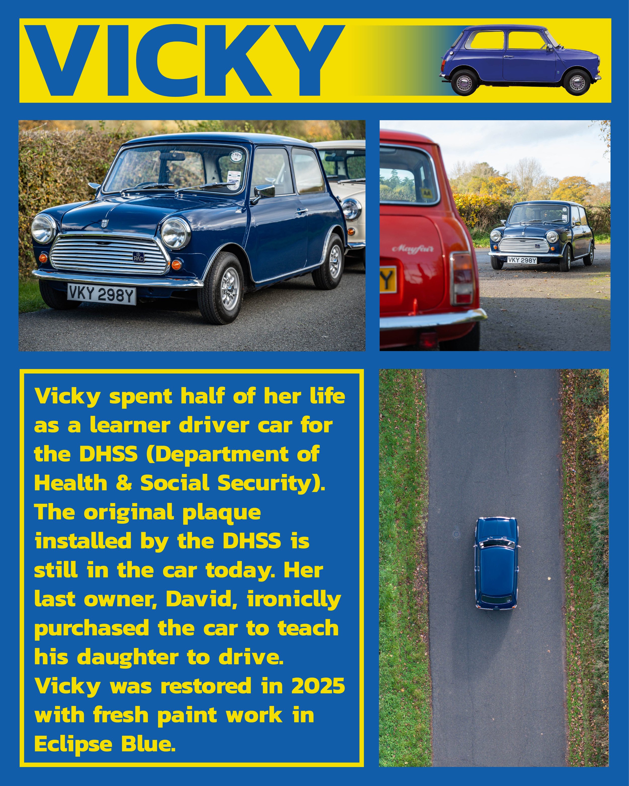 A collage of images featuring a restored blue Mini car. The collage includes photos of the car parked on the road, from the front, rear, and top views, and a story text explaining Vicky's history with the car. The story mentions Vicky, who spent half her life as a learner driver for the Department of Health & Social Security, and her last owner David, who purchased it for his daughter. The car was restored in 2025 with new Eclipse Blue paint.