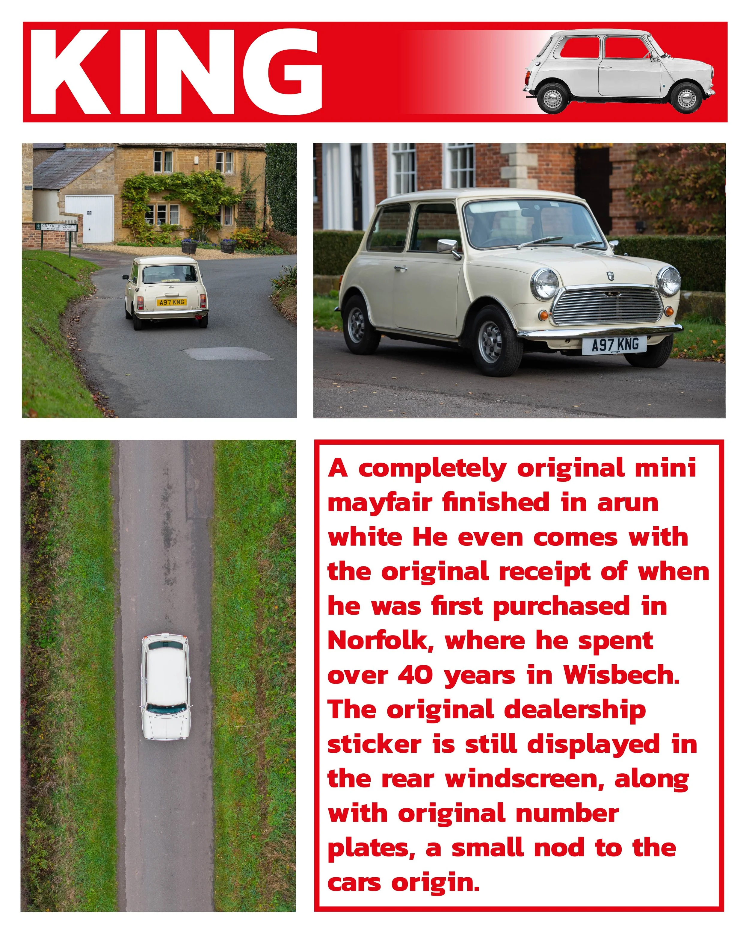 Three photos of a vintage white Mini Mayfair car, including an overhead view, a side view parked on a street, and a rear view showing the original dealership sticker and number plates. Text in a red box describes the car's history and features.