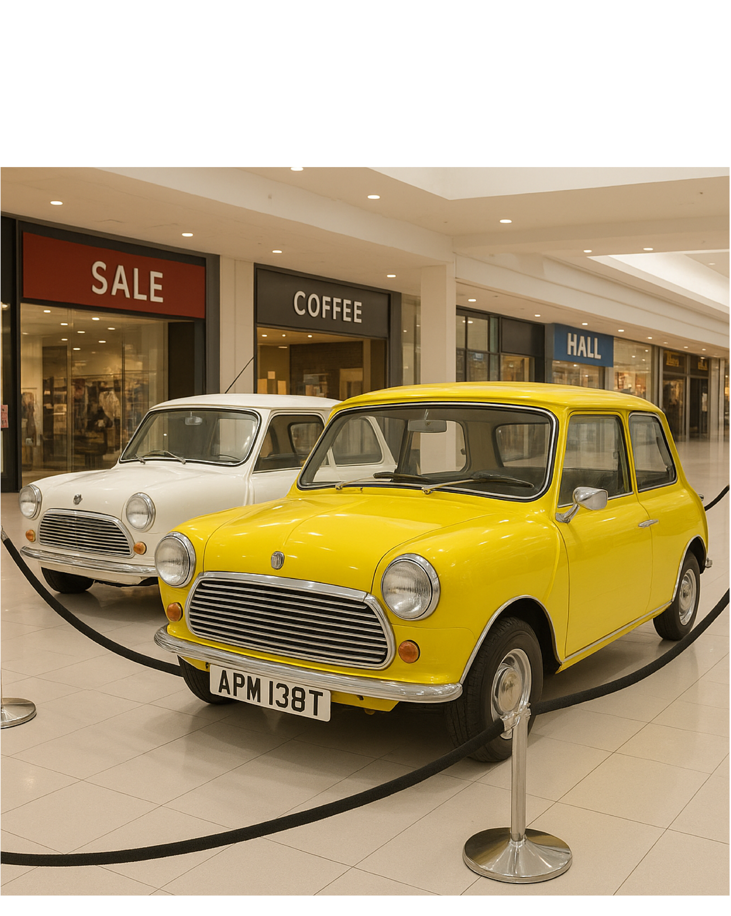 Two vintage Mini Cooper cars on display in a shopping mall with store signs reading SALE, COFFEE, and HALL in the background.