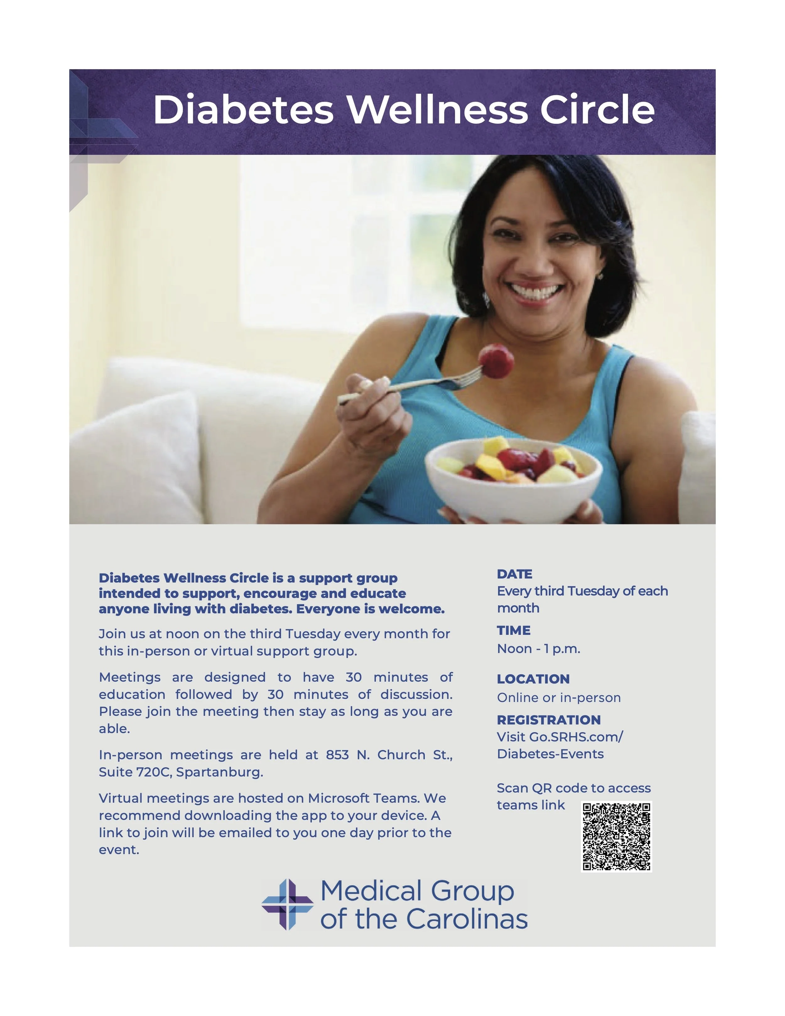 Flyer for Diabetes Wellness Circle support group featuring a woman smiling and eating fruit.