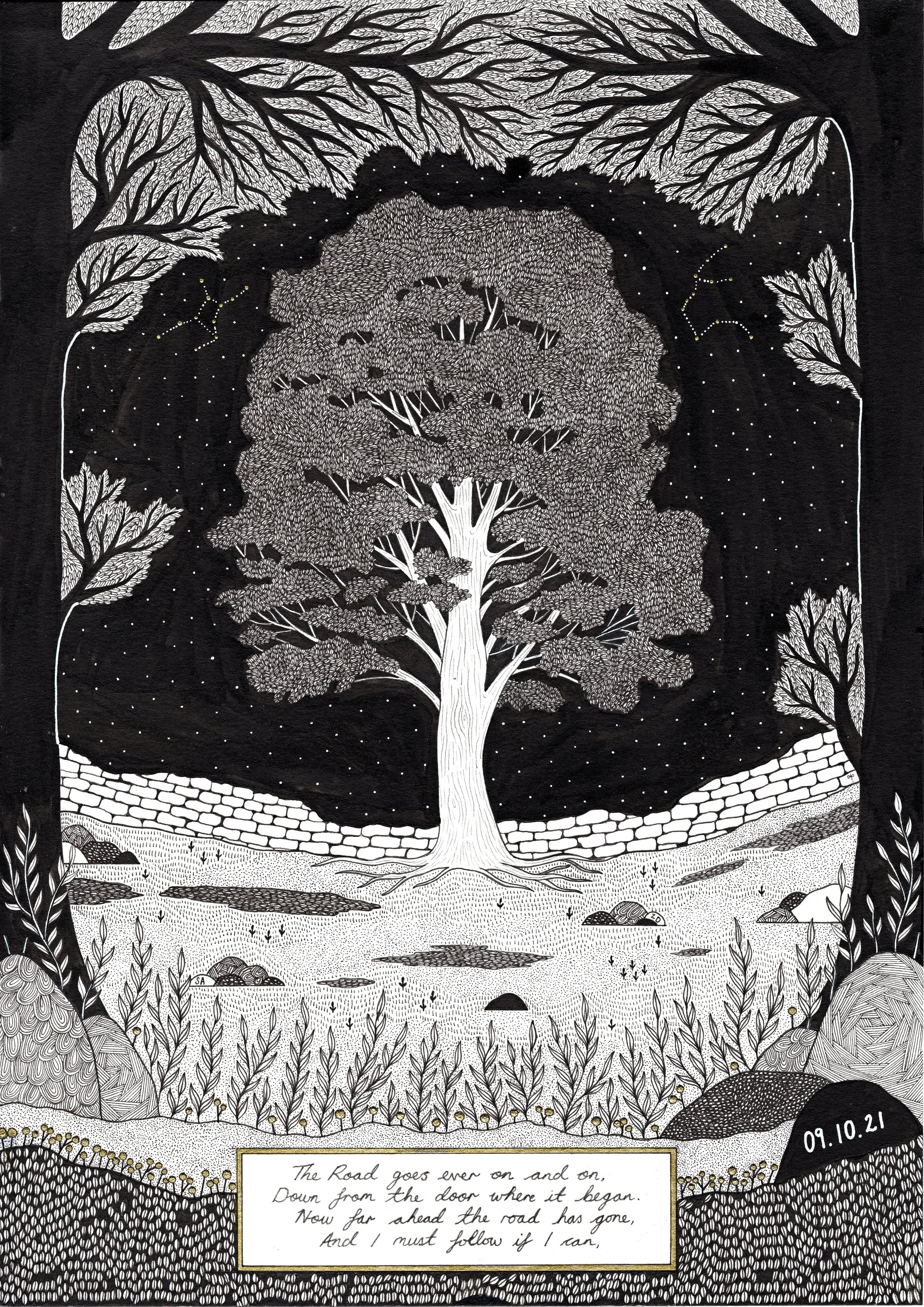 A detailed black and white drawing of a large tree with a wide trunk and dense foliage, set against a night sky filled with stars and constellations. Surrounding the tree are additional trees, rocks, grass, and a stone wall in the background. There are handwritten notes at the bottom referencing a journey or path, with the date 09.10.21.